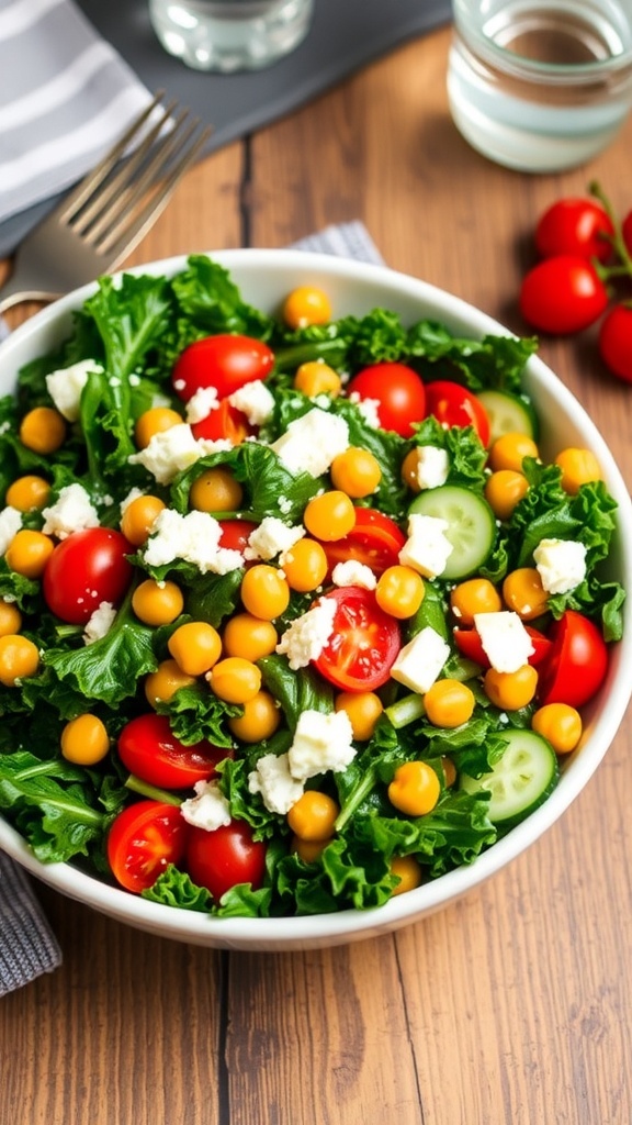 Healthy Kale and Chickpea Salad Recipe A vibrant kale and chickpea salad with tomatoes, cucumber, and feta on a rustic table.